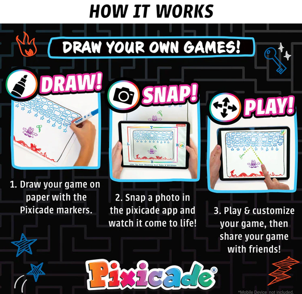Three pictures of drawings and a tablet are shown with instructions on how to use the product. 