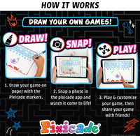 Three pictures of drawings and a tablet are shown with instructions on how to use the product. 