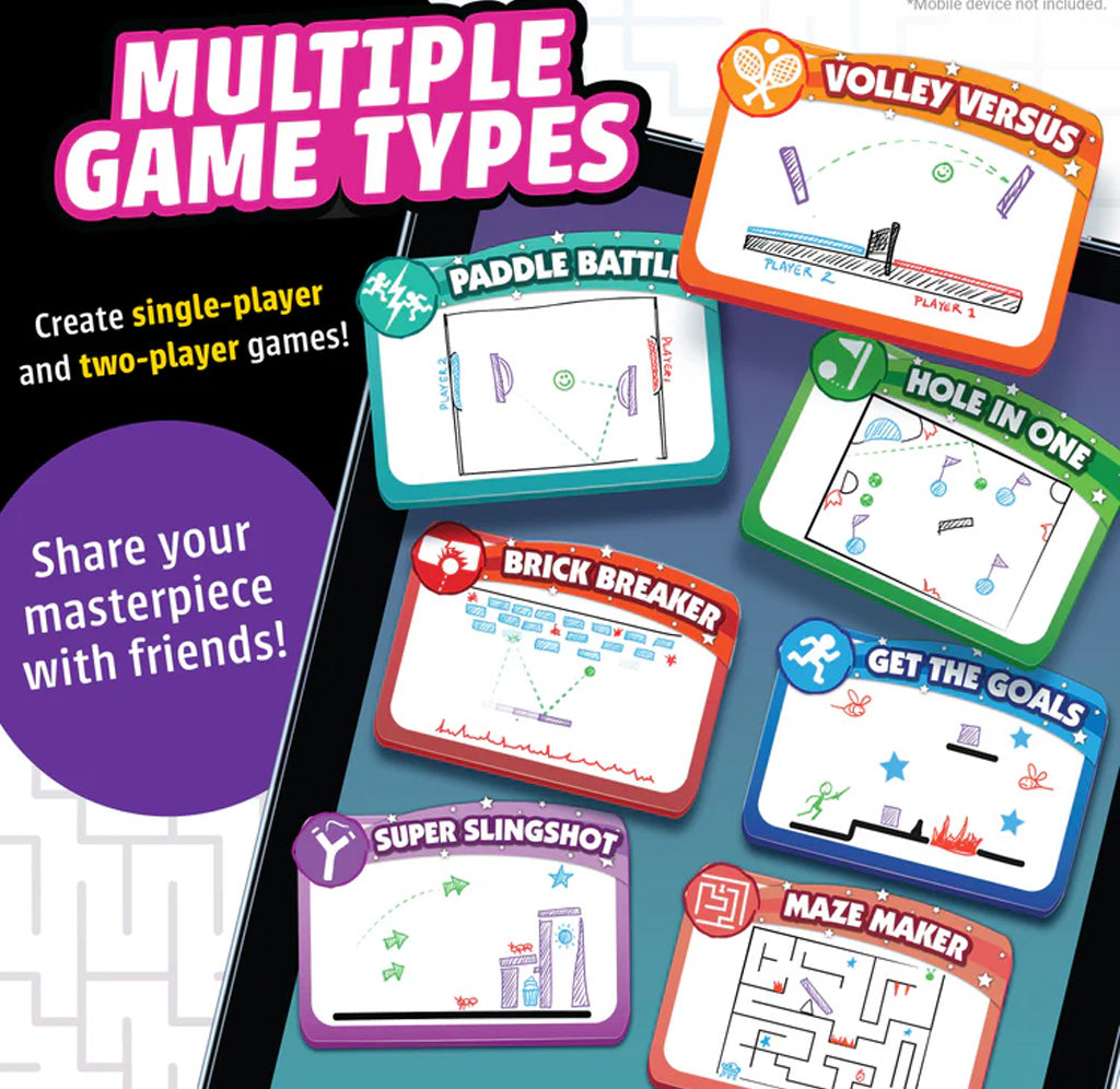 Multiple boxes with drawings of digital mini games are shown in front of a tablet screen. 