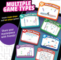 Multiple boxes with drawings of digital mini games are shown in front of a tablet screen. 