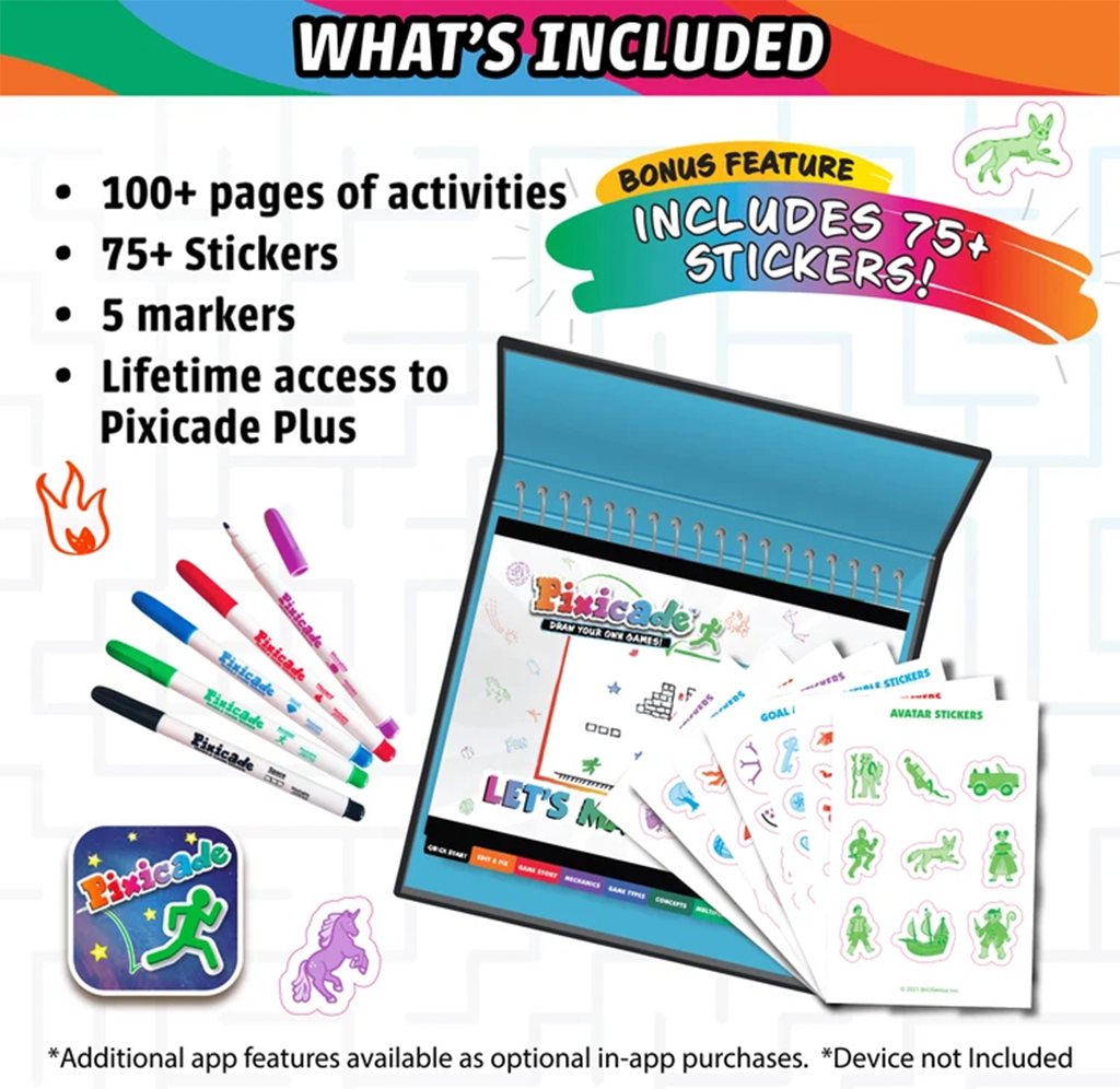 Colorful Pixicade Plus ad highlights 100+ activity pages, 75+ stickers, five markers, and lifetime app access, with a tablet and supplies.