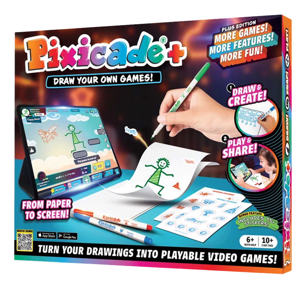 Pixicade+ game box shows a child drawing a stick figure that comes to life on a tablet, promoting creative, playful video-game making.