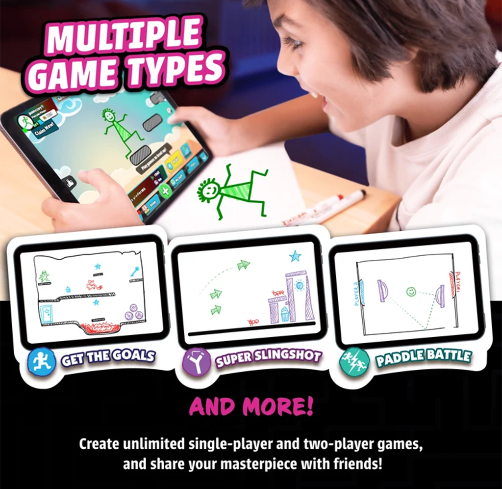 A child plays a colorful game-creation app on a tablet, with sketches of goals, slingshot, and paddle battle games below; playful text invites sharing games with friends.