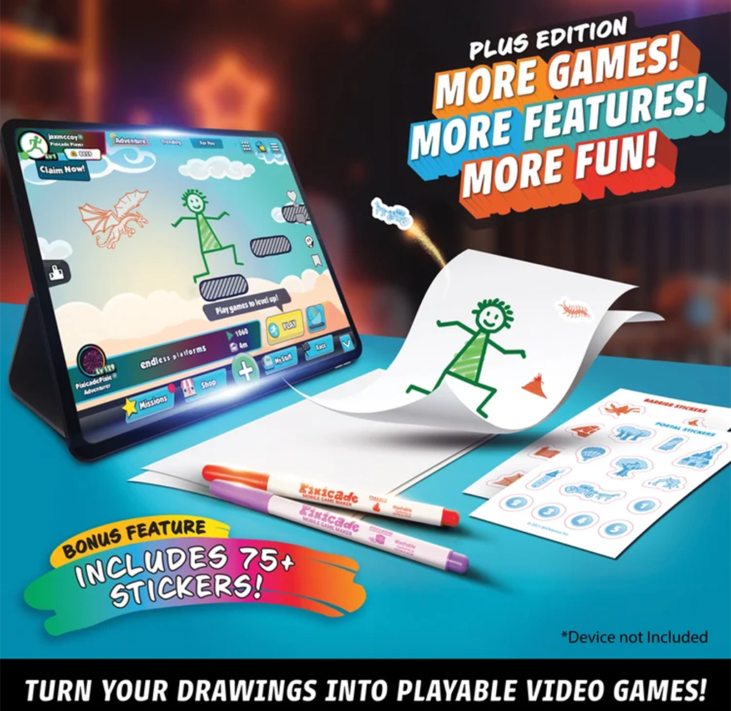 Advertisement for a kids’ drawing-to-video-game app: a tablet shows animated doodles beside printed stickers and marker pens. Bright, playful tone; “75+ stickers” and game features are highlighted.