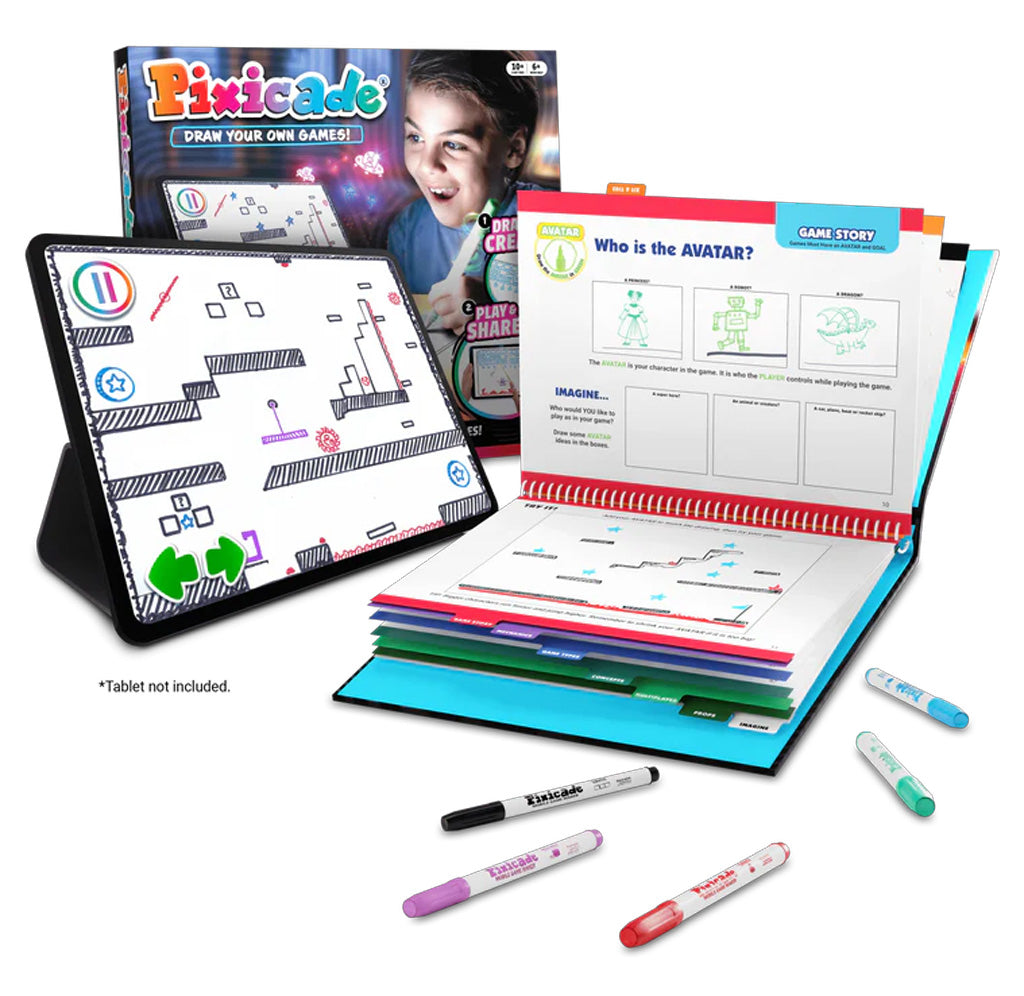 Five markers, an open booklet with multiple tabs, a tablet displaying a drawn platformer game, and a box with a kid pictured on it are shown together. 