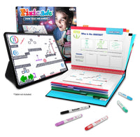 Five markers, an open booklet with multiple tabs, a tablet displaying a drawn platformer game, and a box with a kid pictured on it are shown together. 