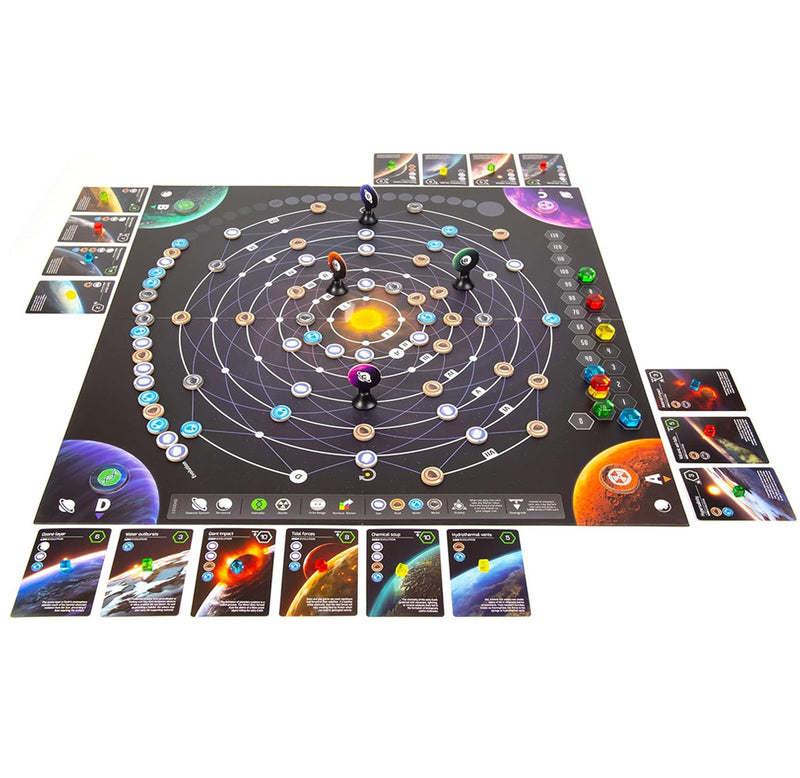 Board game with solar system design and player pieces on a white background