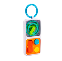 A colorful sensory fidget toy hangs from a blue ring, with a turning gear and lever above orange buttons; its bright design feels playful.