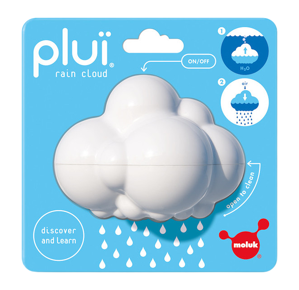 Blue “plui rain cloud” toy packaging shows a white cloud releasing blue-and-white water droplets, with diagrams explaining how it fills and sprays water; playful, educational tone.
