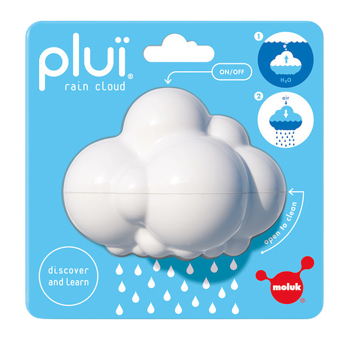 Blue “plui rain cloud” toy packaging shows a white cloud releasing blue-and-white water droplets, with diagrams explaining how it fills and sprays water; playful, educational tone.
