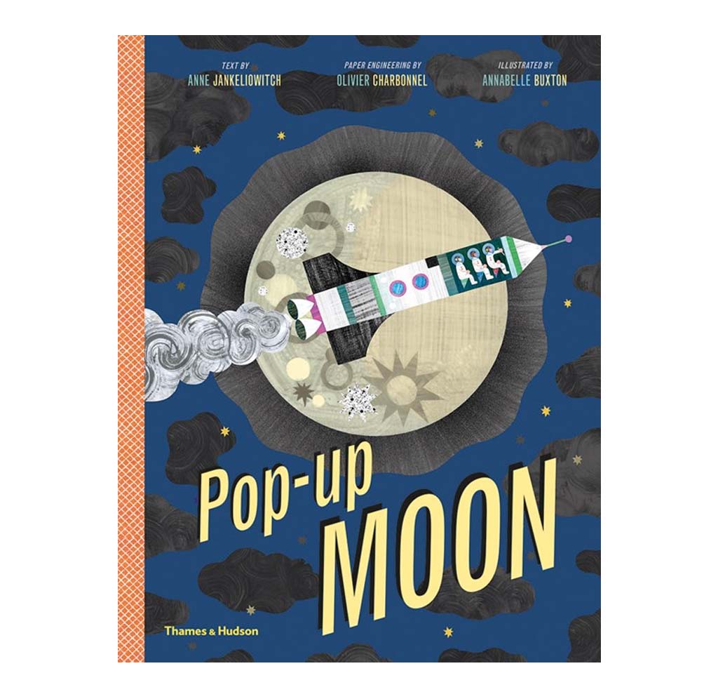 Book cover of 'Pop-up Moon' with a space-themed illustration and text.