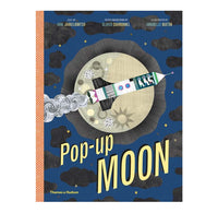 Book cover of 'Pop-up Moon' with a space-themed illustration and text.