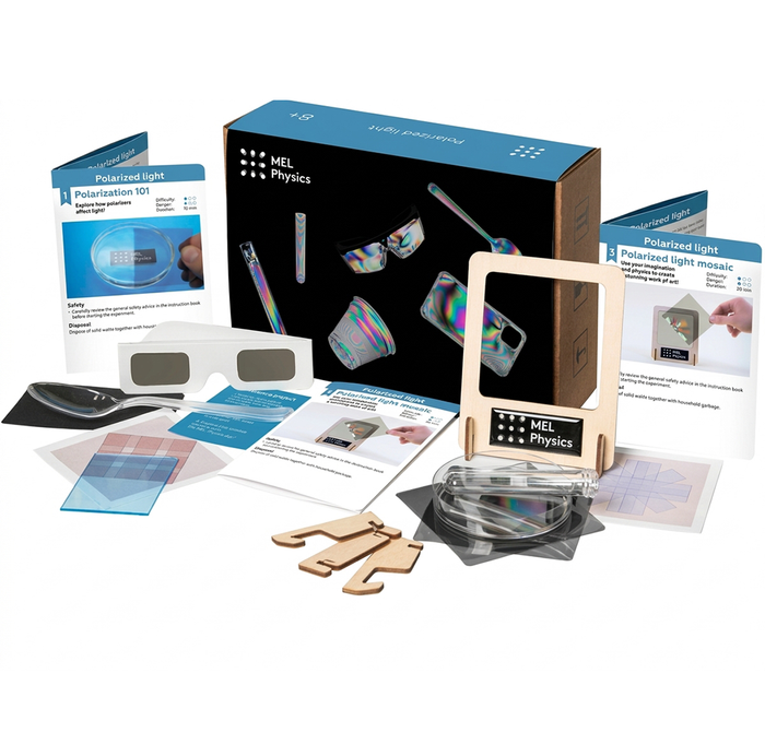 A MEL Physics polarization kit on a white background, with a box, wooden viewer, colored filters, 3D glasses, and educational instruction cards.