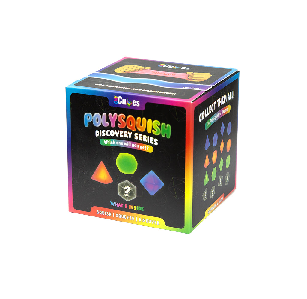 The box for the Polysquish blind box geometric shapes are on the outside in an array of orange, green, purple and a mystery color.