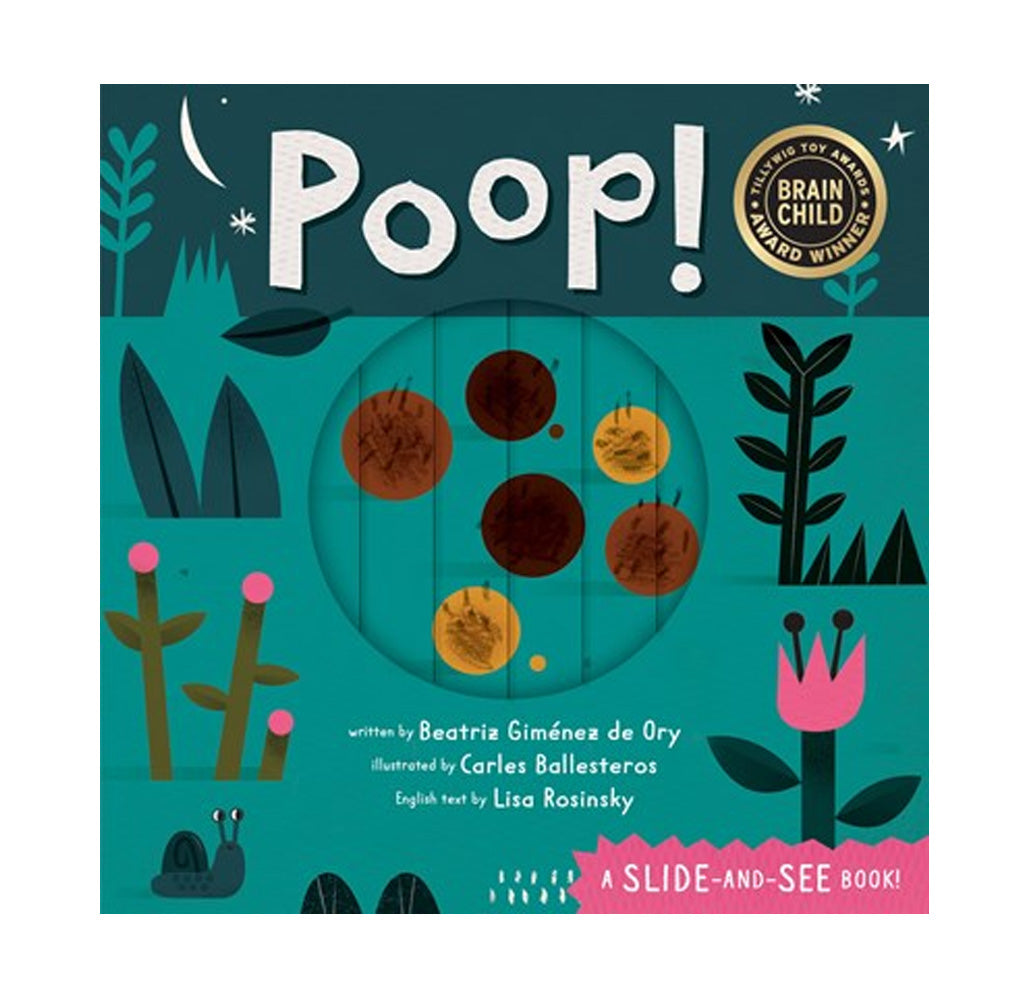 The front cover of the children's book 'Poop!' by Carles Ballesteros and Lisa Rosinsky The cover features a dark teal night sky with a crescent moon and stars, the title 'Poop!' in large white letters, and a circular slide window showing brown and yellow poop shapes.