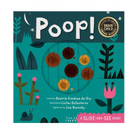 The front cover of the children's book 'Poop!' by Carles Ballesteros and Lisa Rosinsky The cover features a dark teal night sky with a crescent moon and stars, the title 'Poop!' in large white letters, and a circular slide window showing brown and yellow poop shapes.