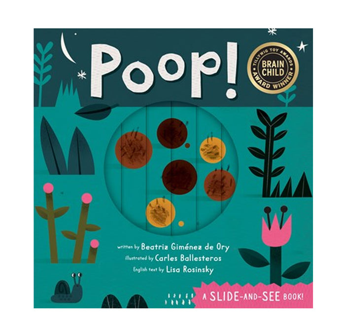 The front cover of the children's book 'Poop!' by Carles Ballesteros and Lisa Rosinsky The cover features a dark teal night sky with a crescent moon and stars, the title 'Poop!' in large white letters, and a circular slide window showing brown and yellow poop shapes.