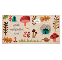 A flat-lay illustration of a children's book 'Poop!' featuring whimsical woodland illustrations including mushrooms, acorns, leaves, and a beetle, with a poem printed in a speech bubble.
