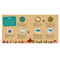 Poop index from 'Poop!' book with illustrated animals and short text explaining poop, hares, sheep, deer, rabbits, ducks, geese, swans, and hippos, on a tan background with floral borders.