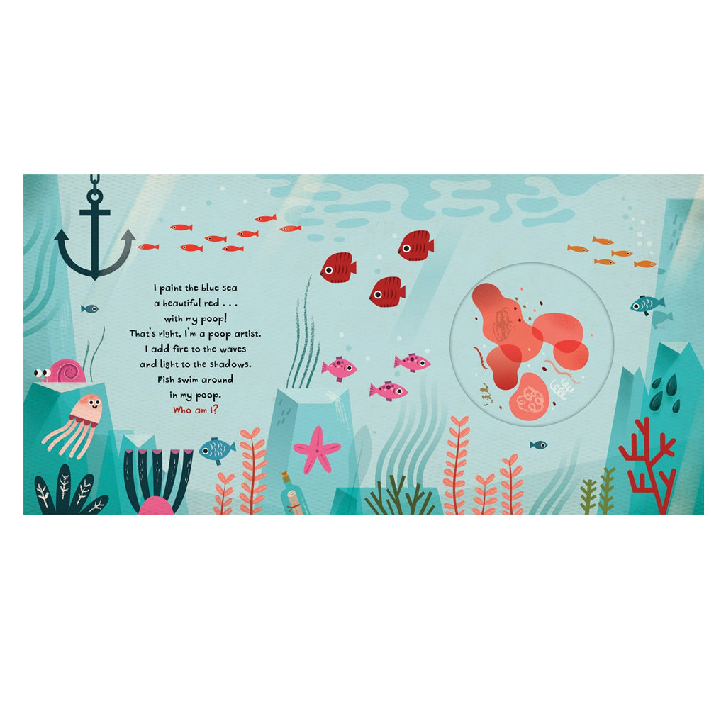 A square children's book layout page featuring an underwater ocean scene with fish, coral, an anchor, a jellyfish, and a poem printed on a light aqua background.