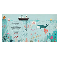 A square illustrated layout page featuring an underwater ocean scene with a whale in a bubble, small boats, coral, fish, and text bubbles on a light aqua background.