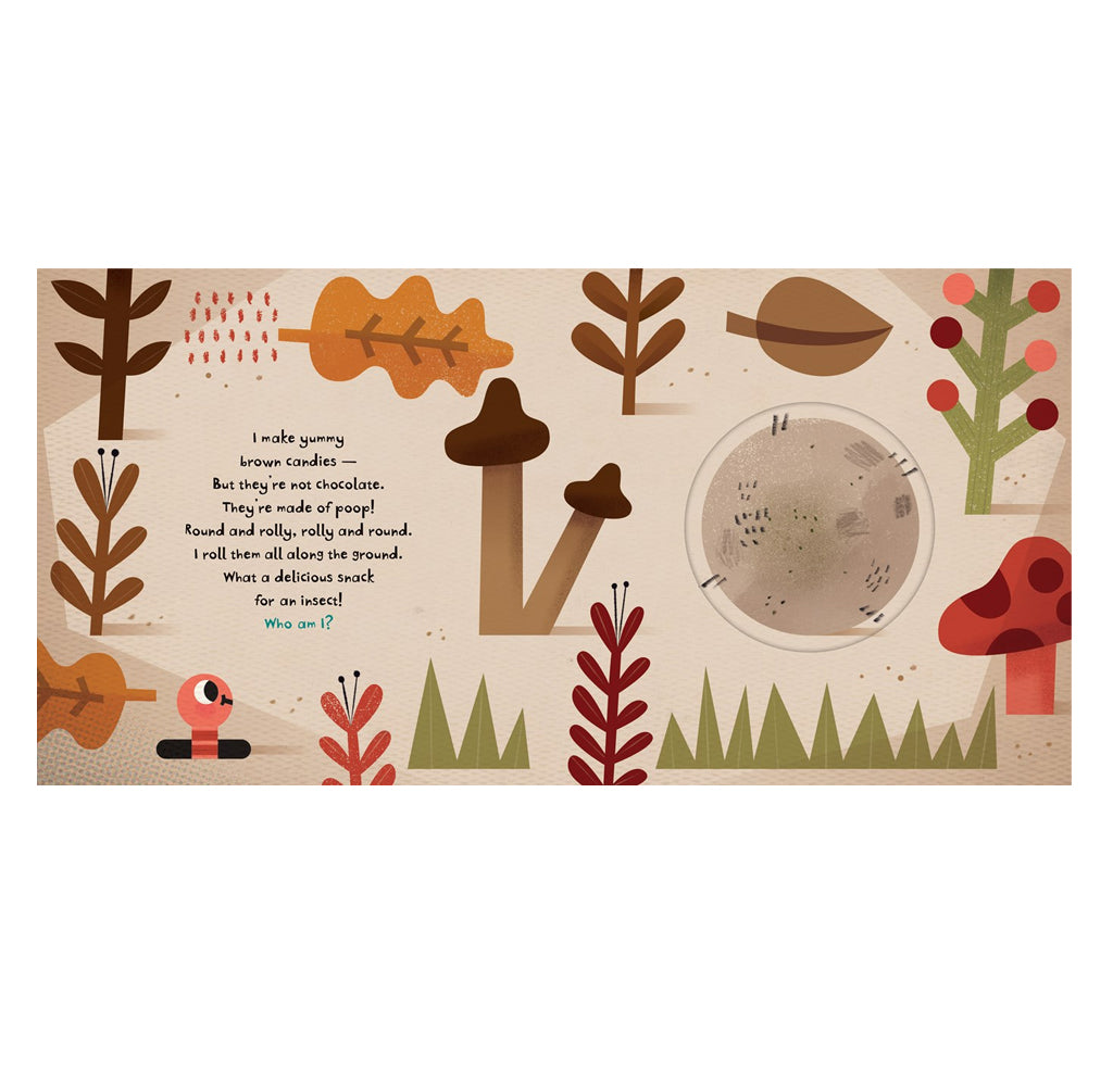 A square illustrated page from 'Poop!' featuring whimsical woodland design on a warm beige background. The artwork includes stylized trees, leaves, mushrooms, a red mushroom, a small red-and-white caterpillar, a spider, and a circular gray patch with printed text in the center.