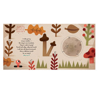 A square illustrated page from 'Poop!' featuring whimsical woodland design on a warm beige background. The artwork includes stylized trees, leaves, mushrooms, a red mushroom, a small red-and-white caterpillar, a spider, and a circular gray patch with printed text in the center.
