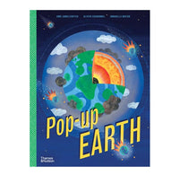 Book cover of 'Pop-up Earth' with a colorful illustration of the Earth and space elements on a blue background.