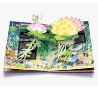 Colorful children's book open to a page with 3D illustrations of lotus flowers and underwater creatures.