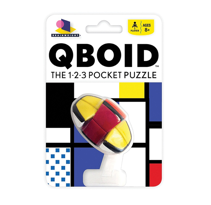 Brainwright QBOID 1-2-3 pocket puzzle package, featuring a colorful yellow, red, blue, and black spherical puzzle; ages 8+ label.