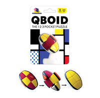 QBOID 1-2-3 pocket puzzle package with a colorful geometric ball; arrows show mixed red, yellow, and blue pieces forming a yellow sphere.