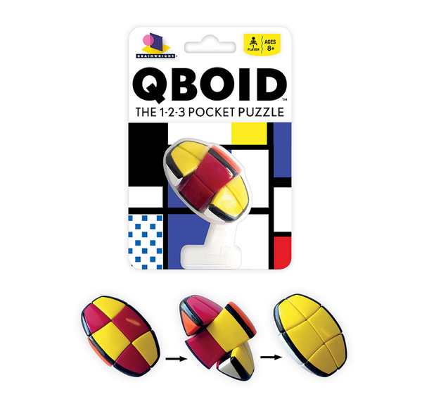QBOID 1-2-3 pocket puzzle package with a colorful geometric ball; arrows show mixed red, yellow, and blue pieces forming a yellow sphere.