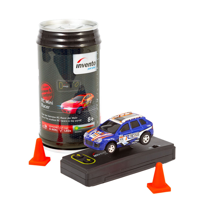  Blue remote control car on the charging block with two red cones and packaging on a white background.