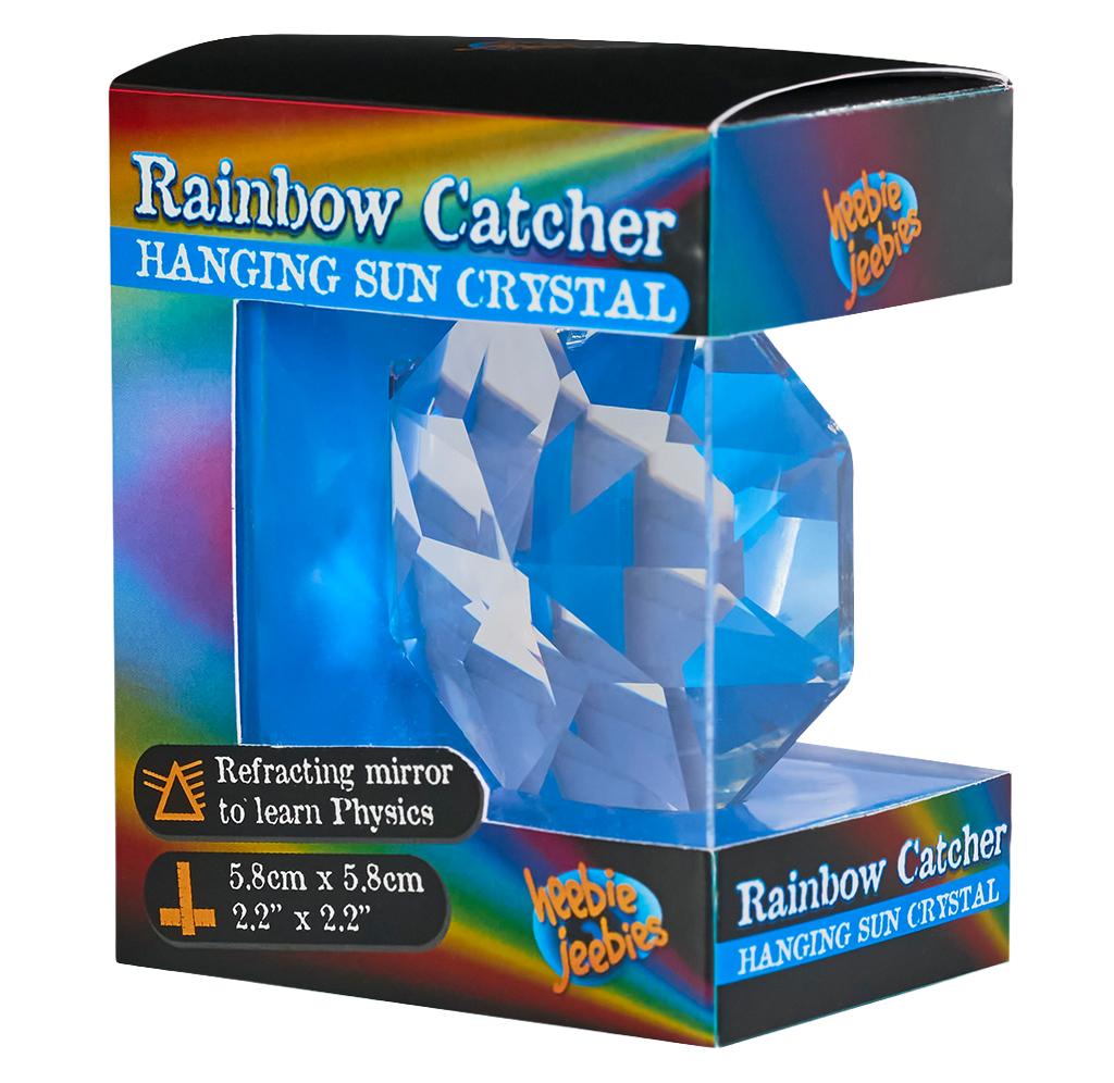 Packaged 'Rainbow Catcher' Hanging Sun Crystal by Hebbie Jeebits, showing the blue faceted crystal inside its colorful retail box.