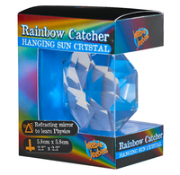 Packaged 'Rainbow Catcher' Hanging Sun Crystal by Hebbie Jeebits, showing the blue faceted crystal inside its colorful retail box.