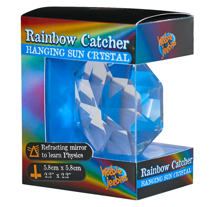 Packaged 'Rainbow Catcher' Hanging Sun Crystal by Hebbie Jeebits, showing the blue faceted crystal inside its colorful retail box.