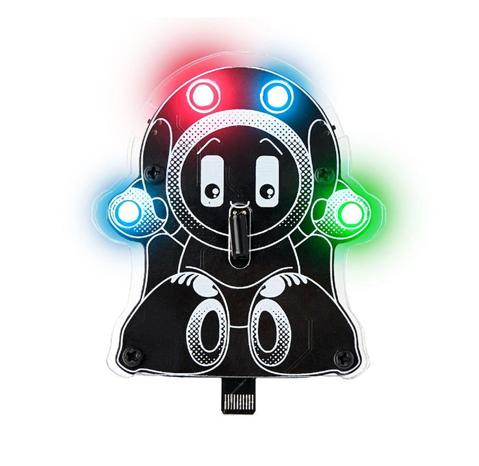Black robot-like figure with colorful lights on a white background