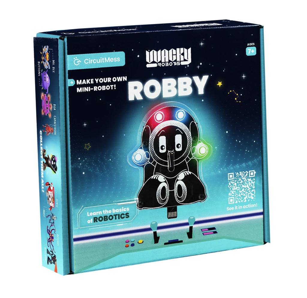 Box for a mini robot toy named Robby with colorful design and text on a white background