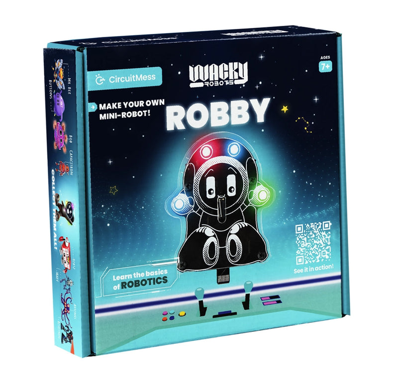 Box for a mini robot toy named Robby with colorful design and text on a white background