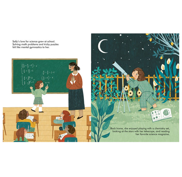 Layout page of the Sally Ride Little People book shows a classroom scene and a backyard scene looking at the stars.