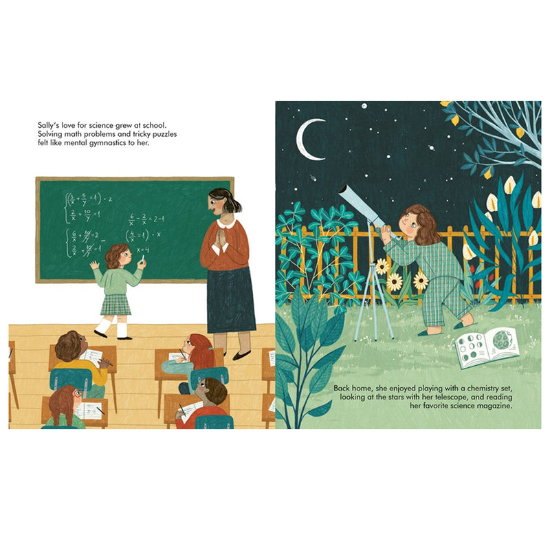 Layout page of the Sally Ride Little People book shows a classroom scene and a backyard scene looking at the stars.