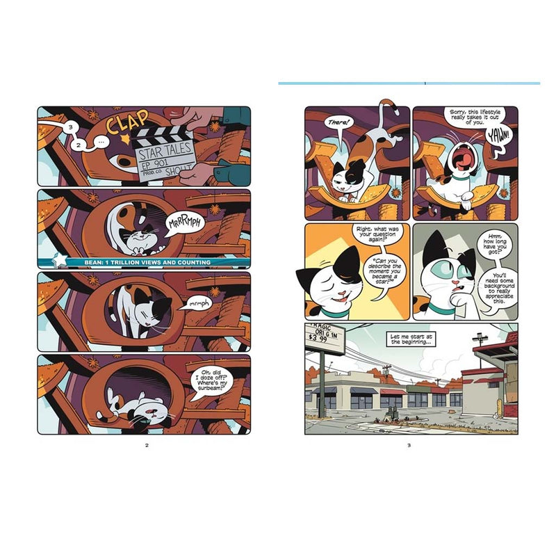 Graphic novel page spread showing two panels: the left panel has a clapperboard scene with a cat inside a spaceship, and the right panel shows a multi-panel comic with a cat, a spaceship interior, and an exterior building scene. The page is photographed on a white background.