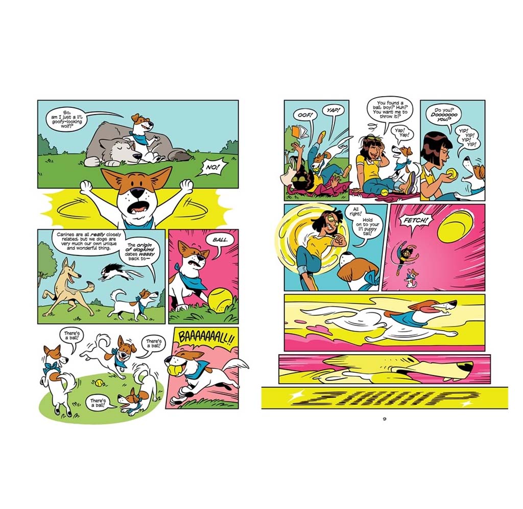 A printed graphic novel spread featuring cartoon dogs and people in colorful panels, with speech bubbles and dynamic action scenes on a white page.
