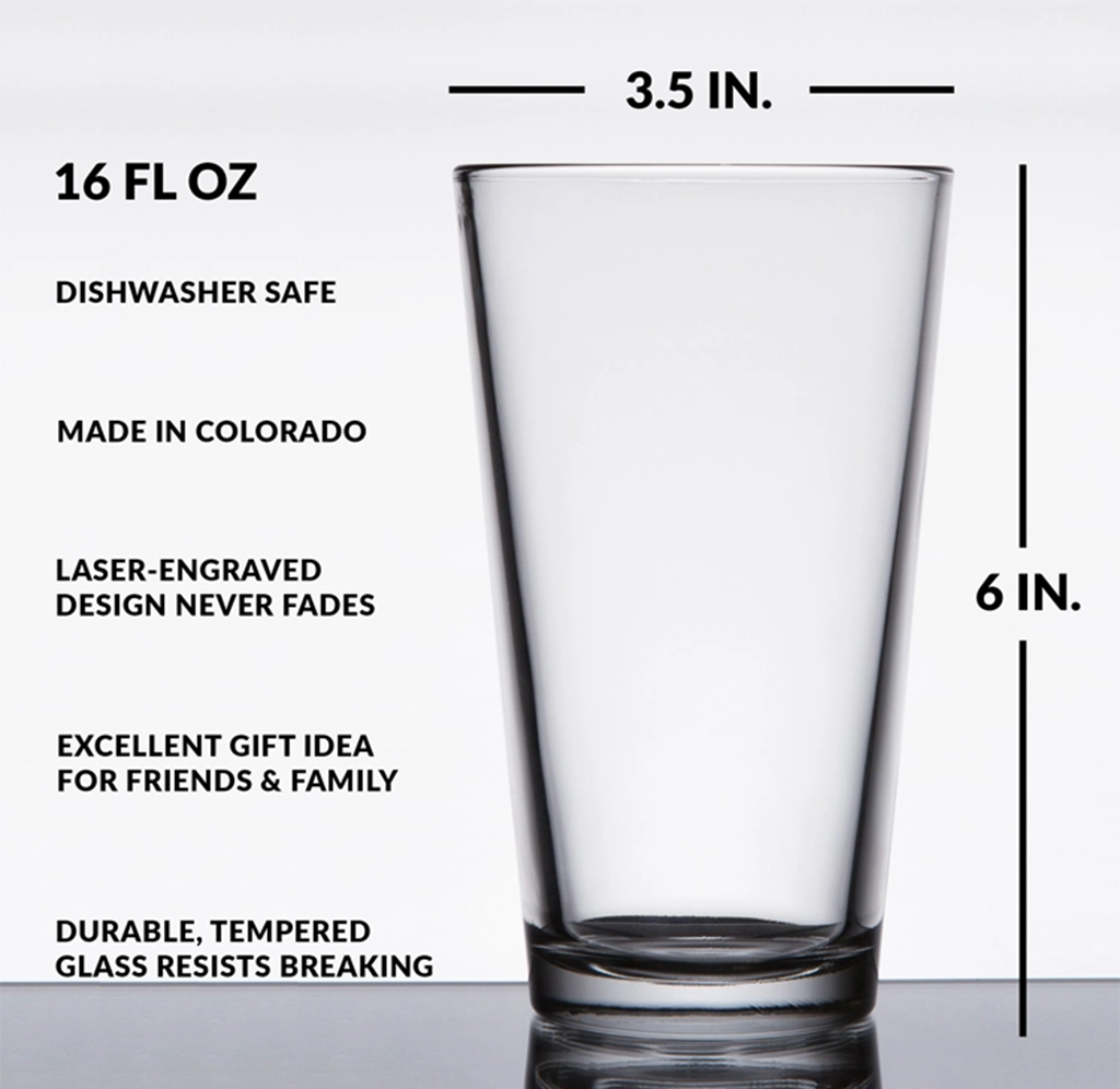 Clear glass with measurements and features listed on a white background