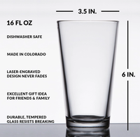 Clear glass with measurements and features listed on a white background