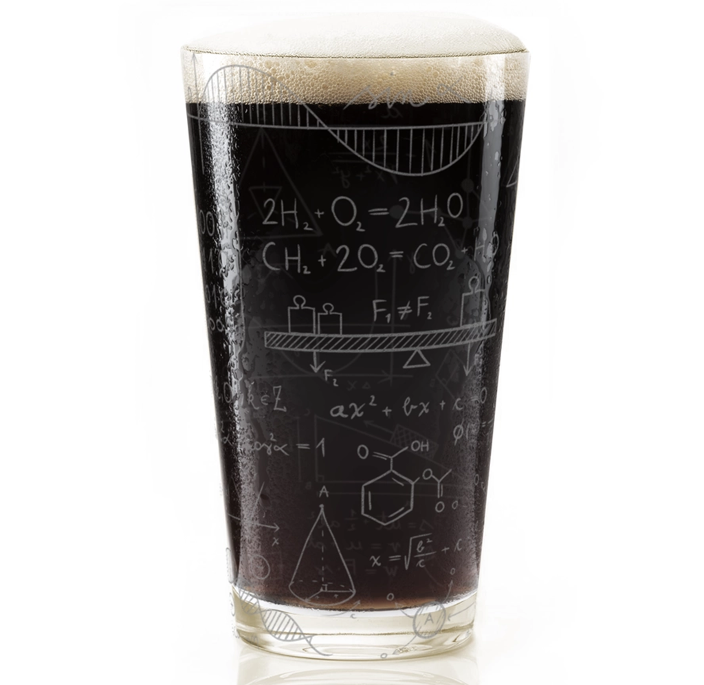 A clear pint glass filled with black stout and topped with a thick white foam head, featuring white chalk-style equations and scientific diagrams printed on the side, set against a plain white background.