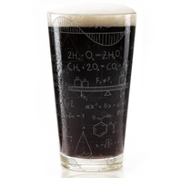 A clear pint glass filled with black stout and topped with a thick white foam head, featuring white chalk-style equations and scientific diagrams printed on the side, set against a plain white background.