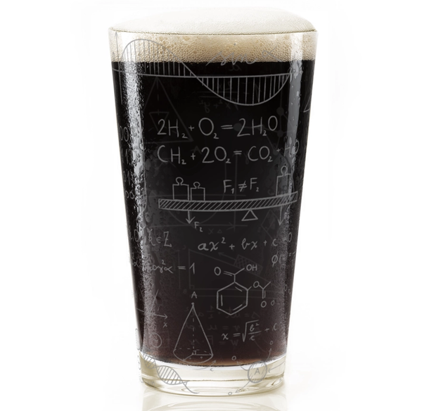 A clear pint glass filled with black stout and topped with a thick white foam head, featuring white chalk-style equations and scientific diagrams printed on the side, set against a plain white background.