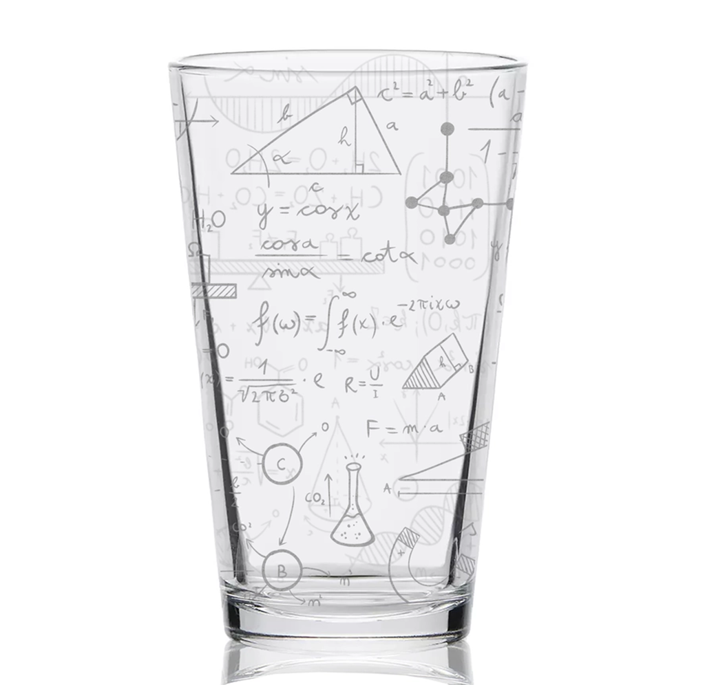 A clear glass of water filled with pale mathematical formulas, geometric diagrams, and science symbols, giving a calm, academic impression.