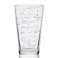 A clear glass of water filled with pale mathematical formulas, geometric diagrams, and science symbols, giving a calm, academic impression.